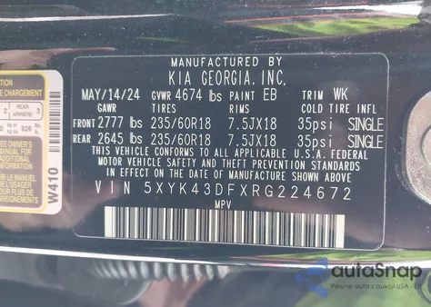 2024 Kia Sportage Sx z USA, uszkodzony, nr VIN 5XYK43DFXRG224672